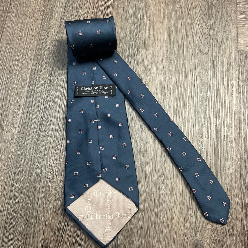 VTG Christian Dior Silk Geometric Medallion Tie Teal Blue Red Classic 90s Preppy